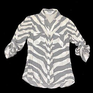 EXPRESS Portofino Gray White Zebra Stripe Roll-Tab Sleeve Button Shirt Women S